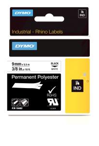 Tape - Black On White - 9mm X 5.5m - Permanent Polyester tape 5,5m