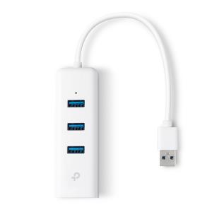 Hub USB 3.0 3-port & Gigabit Ethernet Adapter 2 In 1 USB Adapter 1xRJ45 universal white