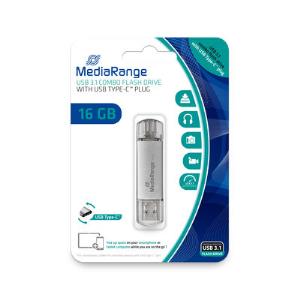 Mediarange - 16GB USB Stick - USB 3.0 - Silver MR935 70MB/s USB-C+USB-A 3.0 silver
